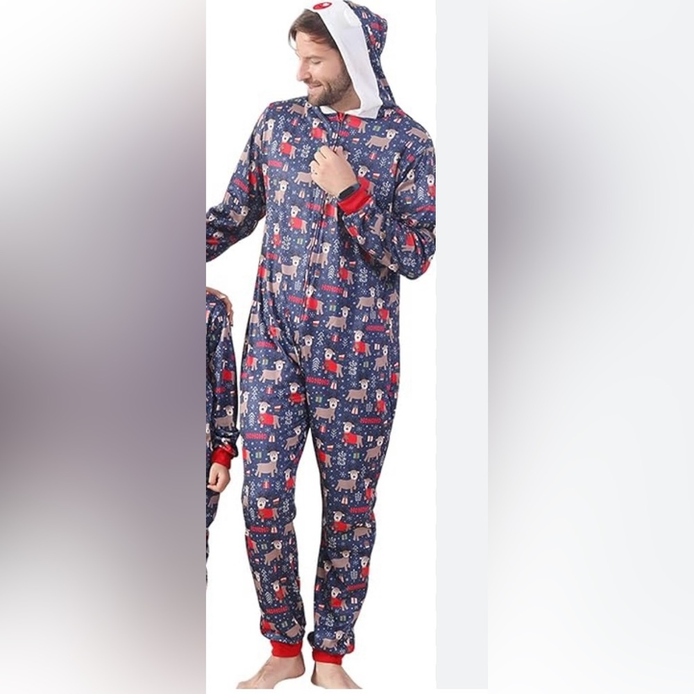 Christmas One Piece Pajamas Reindeer HoHoHo Blue Red Mens Large Hood‎ NWOT